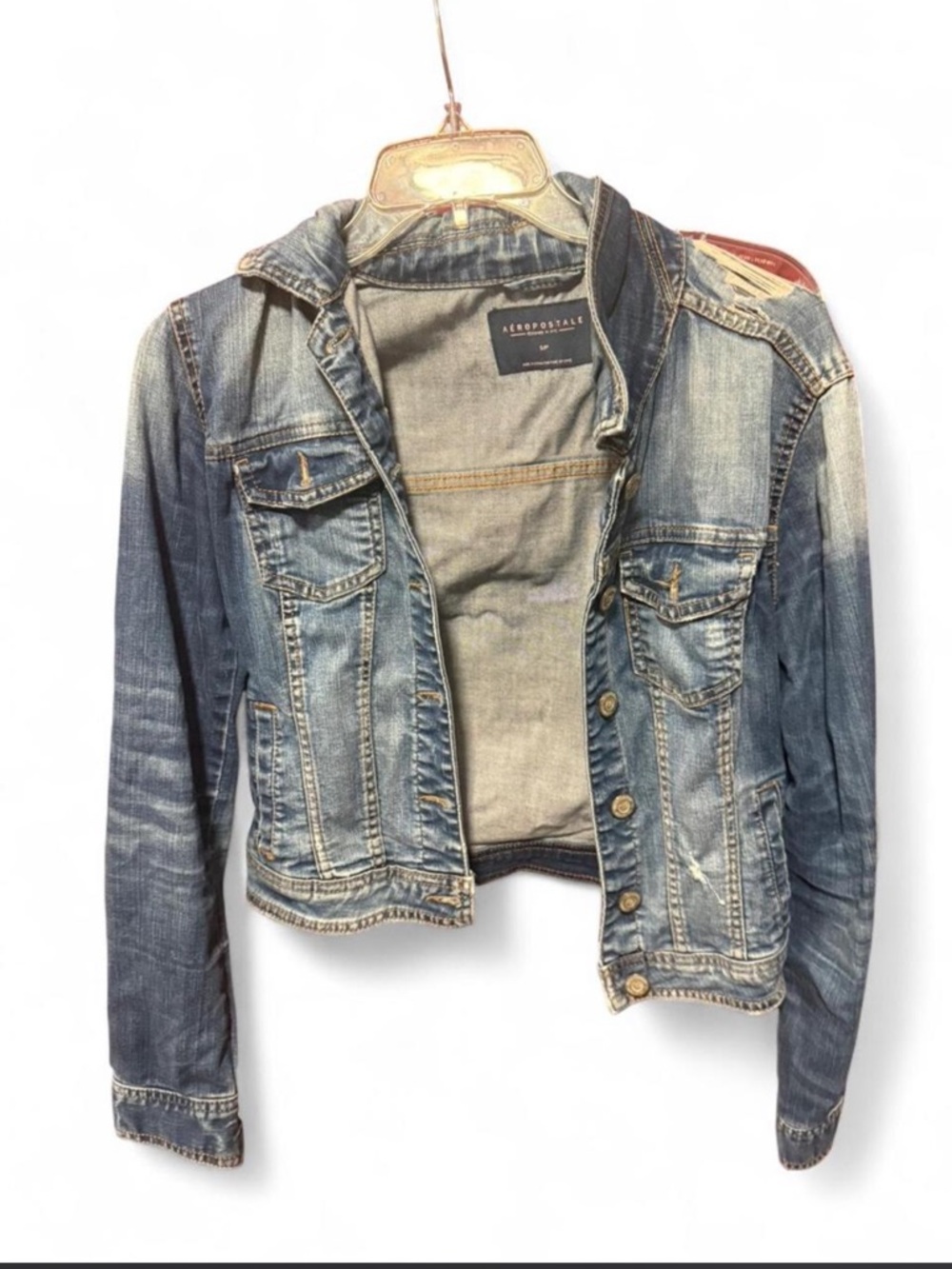 Aeropostale Women's Distressed Blue Denim Trucker Jacket